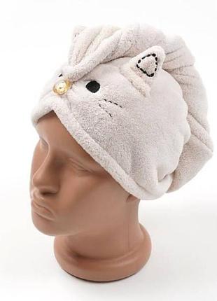 Чалма-полотенце из микрофибры с вышивкой котик 25x65см 30123-2 бежевая