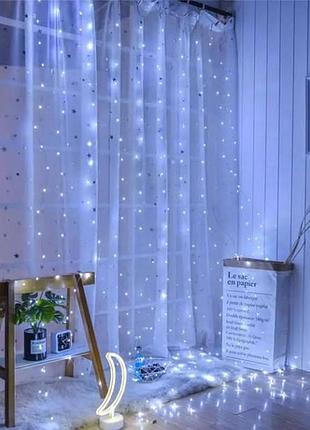 Гірлянда штора прозорий провід з перехідником 200led 3*2м холодний білий