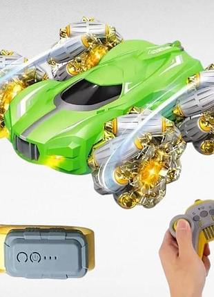 Машинка перевертыш stunt car детская на радиоуправлении с подсветкой зелёная