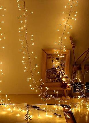 Гірлянда "роса" срібний пухнастий дріт usb з пультом д/у 20 м 200 led тепле світло