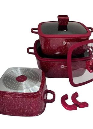 Набір гранітного посуду 8 предметів higher+kitchen hk-323 червоний