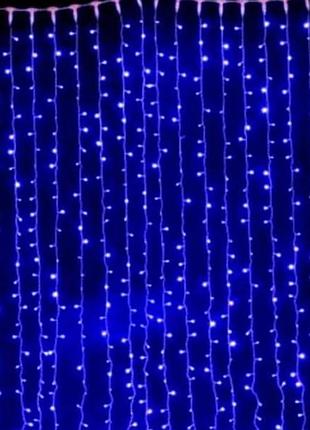 Гірлянда-штора вулична 3*3м 300led 4489 and 12-2 білий дріт, синє світло