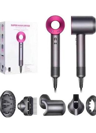 Фен-стайлер с 4 магнитными насадками + новая насадка гребень super hair dryer серый