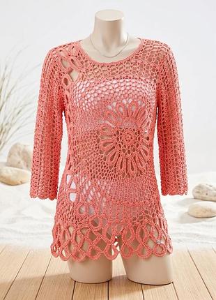 Літня в'язана туніка-сітка поверх купальника lisa tossa (s / m / l / xl) коралова велика вʼязка
