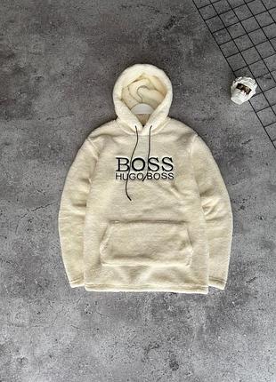 Чоловічий зимове худі boss плюшеве біле кофта босс тедді з капюшоном (b)