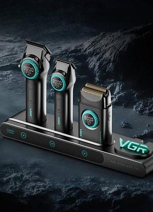 Комплект машинка для стрижки, триммер, электробритва vgr 3in1steplerss pro black черная с зеленым