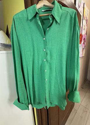 Рубашка zara 100% хлопок изумрудно-зелёная oversize s