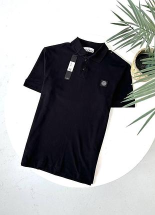 Чоловіча футболка поло stone island чорна стон айленд із коміром (b)