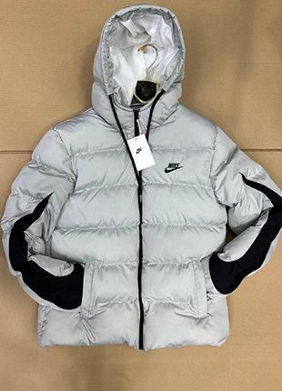Мужская зимняя куртка nike серая короткая пуховик найк с черными вставками l (b)