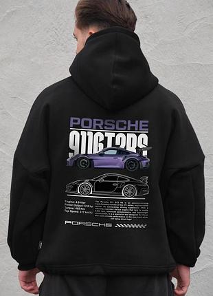 Чоловіче оверсайз худі толстовка на флісі з капюшоном та принтом without porsche black