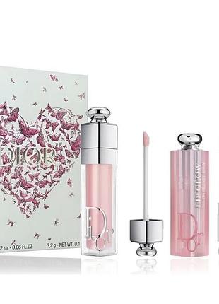 Подарунковий набір для губ dior: lip glow 001 3.2g + addict lip maximizer 6ml, 2ml