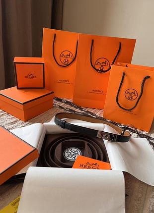 Ремень женский тонкий ( версия hermes) кожа, черный + серебро, упаковка