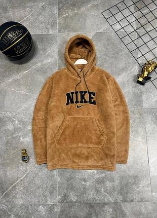 Мужское зимнее худи nike плюшевое коричневое кофта тедди найк с капюшоном xxl (bon)