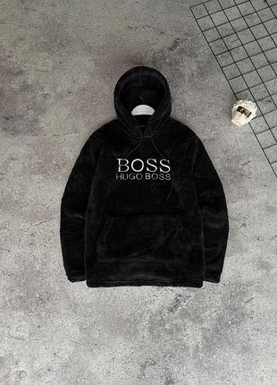 Чоловічий зимове худі boss плюшеве чорне кофта босс тедді з капюшоном (b)