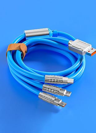 Кабель-тройник для быстрой зарядки type-c/lightning(iphone)/micro-usb 120w 6a (120 см) голубой, usb 3в1 2