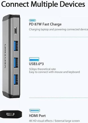 Usb-хаб vention cnbhb type-c 15 см сірий 5