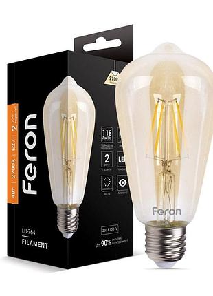 Світлодіодна лампа feron filament lb-764 4вт e27 2700k edison st64 золото