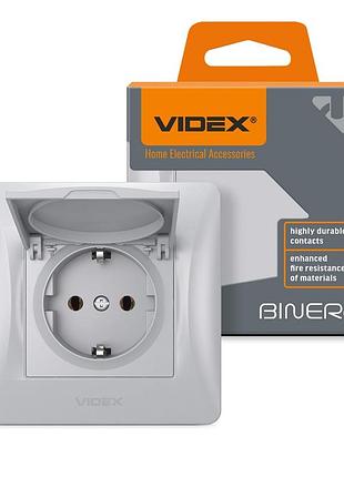 Розетка одинарна із заземленням та кришкою срібний шовк videx binera