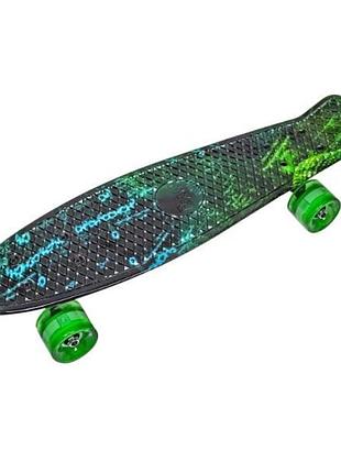 Пенни борд со светящимися колесами pu penny board h20 черный с сине-зеленым принтом