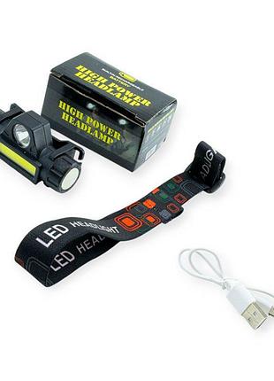 Ліхтарик діодний налобний cob + xpe 1w, акб 18650, 2 режими., зарядка usb, магніт bailong