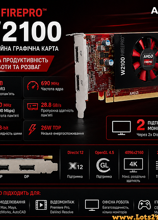 Відеокарта firepro w2100 2gb як r7 240 низькопрофільна 26w displayport для cad автокада 3d max фотошопа монтажу 4k 2 моніторів