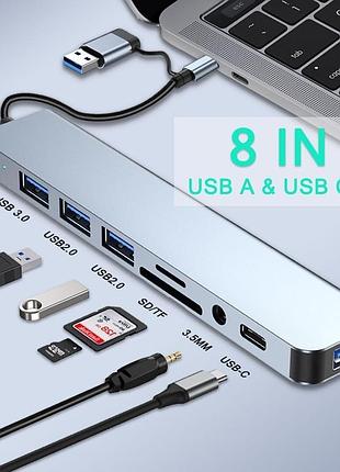 Usb-концентратор type-c, usb 3.0, 8-в-2, usb-удлинитель с считывателем карт sd/tf и 3,5-мм аудиоразъемом для macbook/пк/ноутбука/п 2