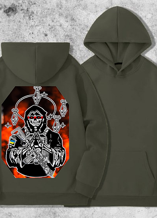 Худи мужской на флисе с принтом sunset goons luck вера в нрав на фоне огня, хаки xl