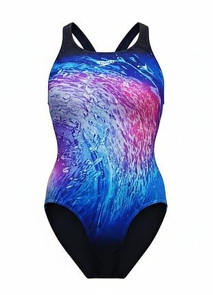 Жіночий спортивний суцільний купальник speedo 44-46 xl синій рожевий принт для басейну