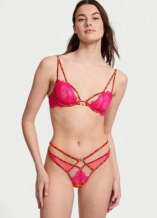 Комбінований комплект жіночої спідньої білизни very sexy tropical satin lace бюстгальтер та стрінги, рожево-помаранчевий оригінал victoria's secret