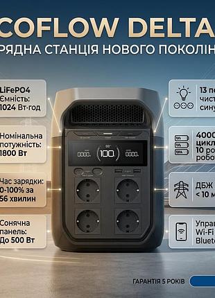 Портативная электростанция ecoflow delta 3 1024 вт/ч 1800 вт lifepo4 аккумулятор с функцией ибп (ups) евророзетки eu