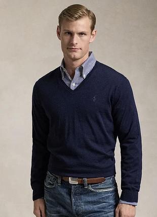 Темно-синій светр polo ralph lauren – вовняний пуловер з v-подібним вирізом темно-синій светр polo ralph lauren  чоловічий пуловер