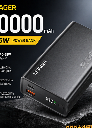 Повербанк essager 20000mah 65w power bank швидка зарядка pd зовнішній акумулятор для телефону iphone samsung xiaomi type c