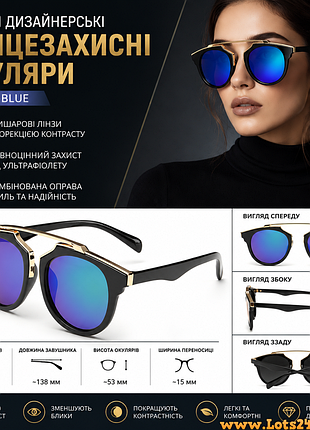 Жіночі дизайнерські сонцезахисні окуляри в ретростилі black-rainbow-blue