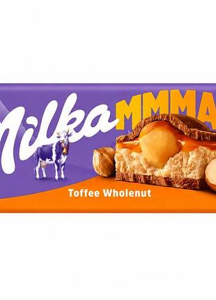 Шоколад milka молочний з карамельною начинкою та цілим фундуком toffee wholenut mmmax, 300 г