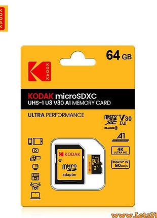 Карта пам'яті kodak micro sd xc kodak 64gb u3 v30 a1 class 10 картка пам'яті кодак 64гб мікро сд microsdxc 4k 1080p