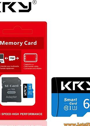 Карта пам'яті kry micro sd 64gb class 10 iu1 картка пам'яті 64гб клас 10 мікро сд microsd 1080p fullhd + адаптер