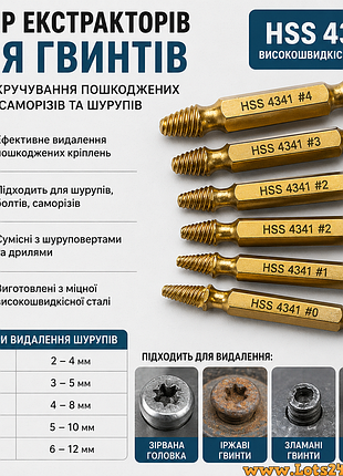 Набор экстракторов для болтов инструмент экстрактор биты для выкручивания поврежденных саморезов винтов 6шт