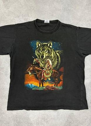 Вінтажна футболка з принтом індіанець та вовк native american vintage t-shirt