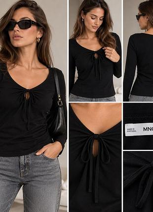 Чорна блуза mango (mng) з v-подібним декольте та зав’язкою, xl