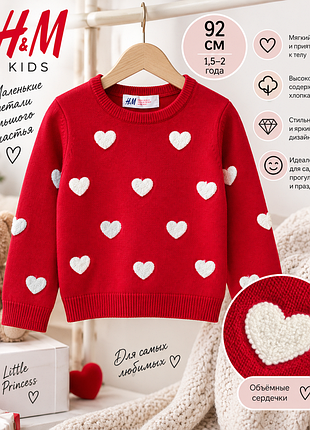 Светр h&amp;m червоний із сердечками для дівчинки 92 см 1,5-2 роки