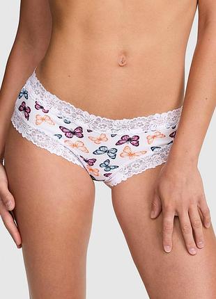 Білі трусики victoria’s secret pink wink lace-trim cotton cheeky panty метелики