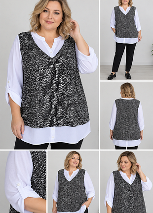 Удлиненная блузf plus size эффект рубашки 2-в-1
