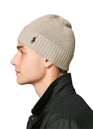 Оригінальна чоловіча вовняна шапка polo ralph lauren pony beige merino wool one size