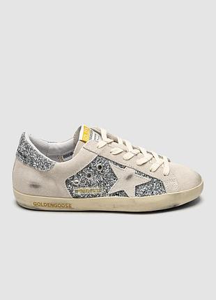 Жіночі кросівки повсякденні golden goose super-star in silver glitter with ice-gray star and inserts