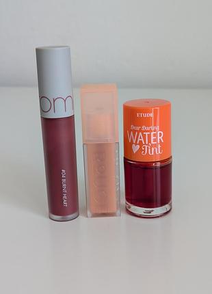 Три корейские тинты rom&amp;nd zero velvet tint, black rouge double layer over velvet, etude dear darling water tint