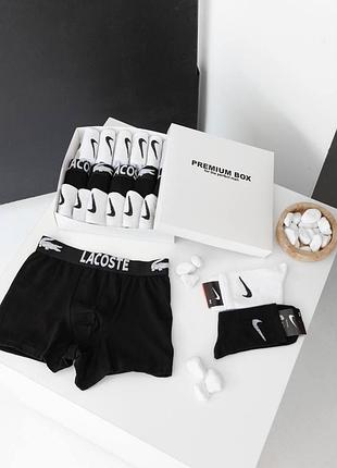 Комплект чоловічої білизни 5 штук + 12 пар шкарпеток lacoste якісні чорні чоловічі труси набір чоловічих шкарпеток