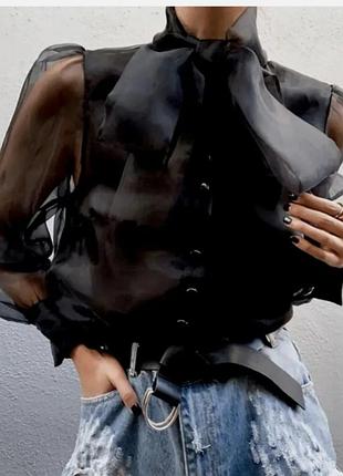 Напівпрозора чорна блуза zara з органзи, із зав'язкою на шиї