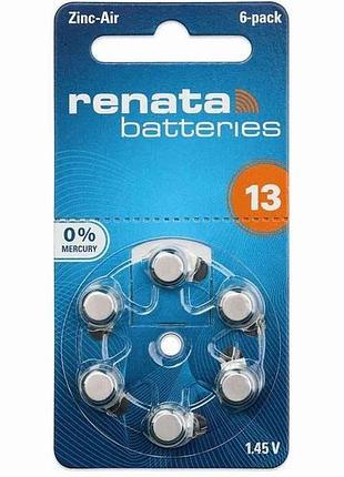 Батарейка для слухового аппарата za 13.dp6 0%hg 6шт (блистер) тм renata