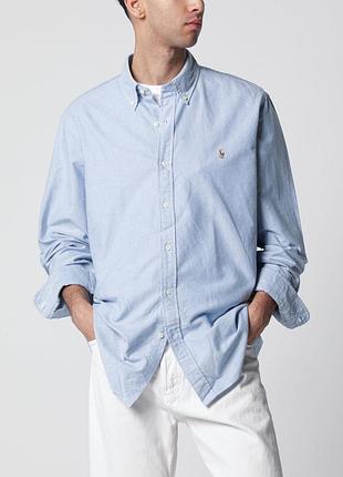 Polo ralph lauren чоловіча сорочка, брендова світло-блакитна оксфордська сорочка