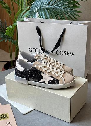 Замшеві кеди golden goose super-star in black glitter with cream star and suede inserts